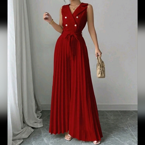 Women's Elegant Double-Breasted Pleated Jumpsuit In Apricot, Suitable For Spring - Picture 3 of 4